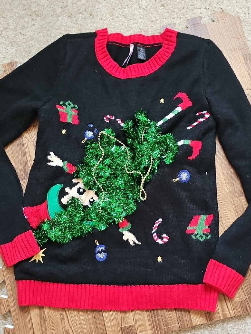 Love By Design Black Sweater with Red Ribbed Neckline